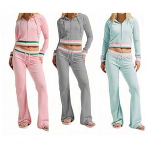 Stylish Pink Knit Set - Cropped Zip - up Hoodie High - Waist Flared <strong>Pants</strong>, <strong>Ribbed</strong> Knit Lounge Set Casual Wear - Product Image 4
