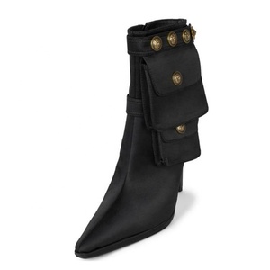 Bottines à talons hauts pour femmes, grande taille 44, bout pointu, en soie lisse, talon aiguille, chaussures habillées, avec boutons métalliques et poches courtes - Product Image 2