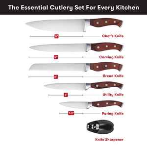 Ensemble de couverts de cuisine élégant, couteaux de chef en acier inoxydable à triple rivetage avec manche en bois coloré, vernis brun-rougeâtre, avec bloc en bois - Product Image 6
