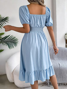 Vestido casual de cuello cuadrado y manga corta con corte en A, cintura ajustada y dobladillo con volantes, elegante y sofisticado para mujer. - Product Image 6