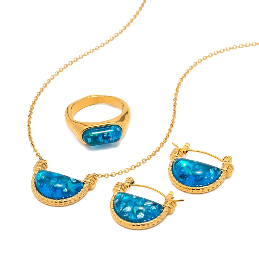 18k Gold Plated Stainless Steel Rings Earrings Jewelry Gift Natural Blue Resin Fanshaped Pendant Necklace Set