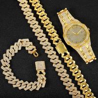 Coffret Cadeau Montre Homme Iced Out avec Bracelet et Collier Hip Hop, Chaîne Miami Cuban Link pour Homme, Bijoux