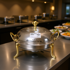 Plat de service rond en acier inoxydable avec accents dorés, chauffe-plat électrique durable pour buffet, maintien au chaud pendant 8 heures - Product Image 2