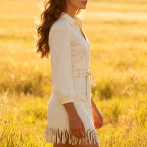 เดรสแฟชั่นผ้าเดนิมเทียมทรงวีคอ แขนพอง แต่งชายระบาย พร้อมเข็มขัดสำหรับผู้หญิง - Product Image 3