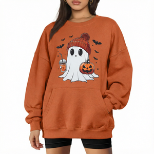 Sudadera de felpa holgada naranja con estampado de Halloween, hombros caídos y bolsillos, para mujer, estilo oversize, con diseño de fantasma lindo. Venta al por mayor. - Product Image 3