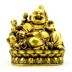 Figura de Metal Feng Shui de Buda Sonriente para decoración de escritorio, producto de Metal, dorado