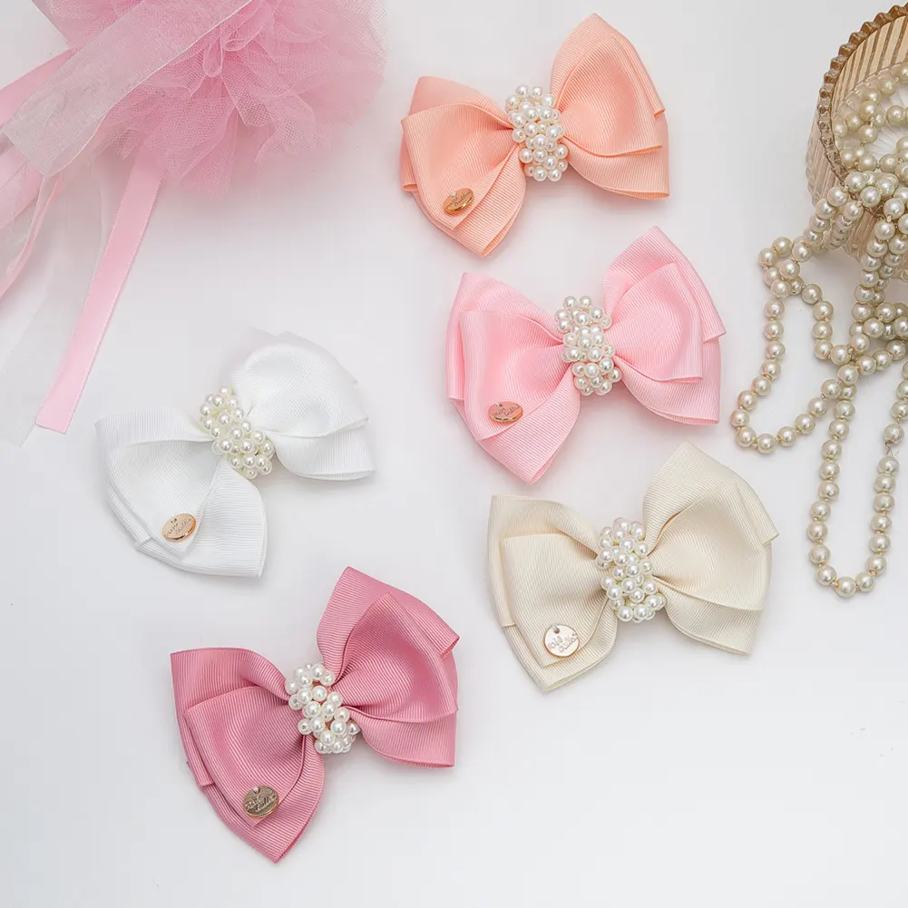 Fancy HandSewn Pearls Hairclips Toddler Girls Cute Ribbon Bow Hairclips Boutique DIY Baby Girl Hair Accessories Wholesale