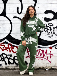 Conjunto de sudadera con capucha y pantalones de chándal de algodón tejido, de peso pesado, antipilling, con estampado digital, lavado ácido, estilo vintage y retro para mujer - Product Image 3