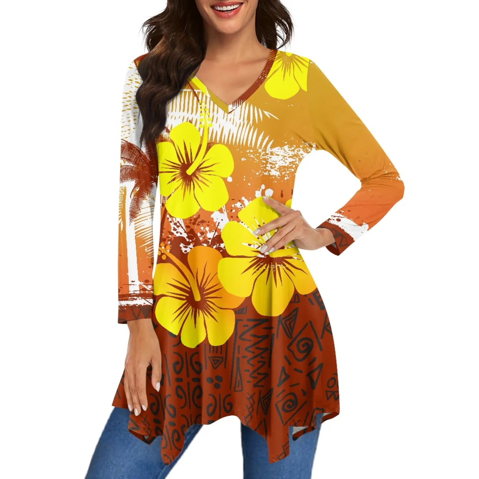 Yellow Flowers Printed Shirts Casual Loose Fit Long Sleeve V Neck Irregular Lightweight Dressy Blouses et Chemises Pour Femmes