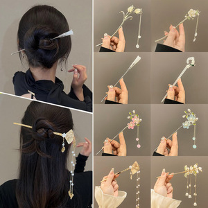 Épingle à <span class=keywords><strong>cheveux</strong></span> en alliage avec fleur et pompon, style chinois ancien, pour chignon, accessoire pour Hanfu et Cheongsam - Product Image 2