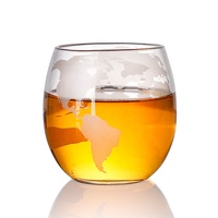 Verre à whisky en forme d'œuf avec carte du monde sablée, sans plomb, transparent, sans pied, motif globe, pour bar, maison, fête