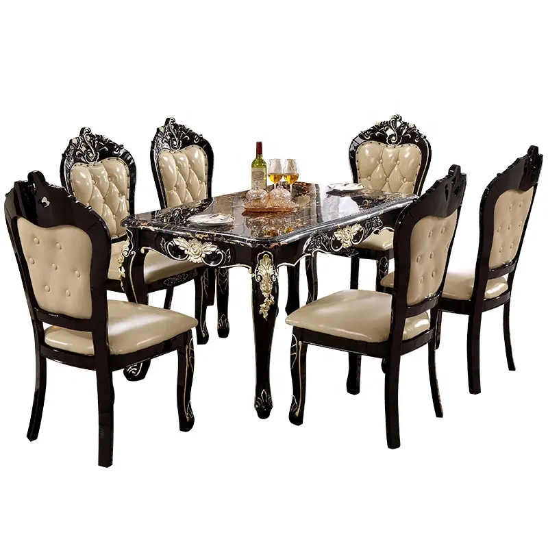 Table à manger et chaise de style européen meubles combinés table de petit déjeuner rectangulaire en ébène 6 assis à une table basse sculptée