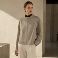 Blouson en cuir d'agneau à col montant et fermeture éclair pour femme, manteau en cuir véritable avec détails de coutures côtelées