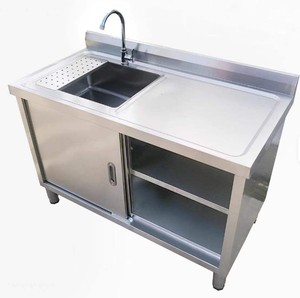 Table <span class=keywords><strong>de</strong></span> préparation <span class=keywords><strong>de</strong></span> cuisine autoportante en acier inoxydable 304, faite à la main, avec évier unique et armoire intégrée à double porte, pour restaurant, vente en gros, OEM - Product Image 1