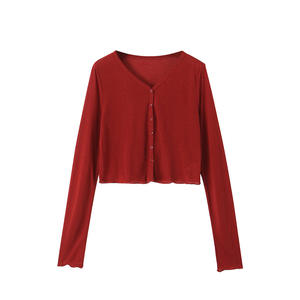 Cárdigan de Punto de Manga Larga para Mujer Runqi, Rojo, Cuello en V, Botones al Frente, Transpirable, Estilo Francés, Talla Grande - Product Image 1