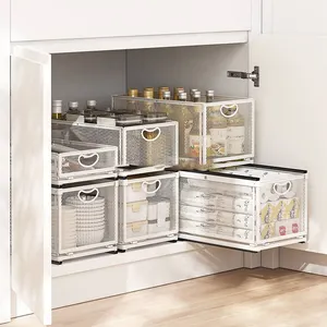 Stackable Under Sink Organizer Cabinet Metal Wire Storage Drawers Box Foldable Pull Out Kitchen Basket with Handles