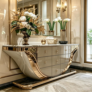 Buffet en fibre de verre noir mat avec incrustation irrégulière en bloc de pierre ardoise dorée, meuble de rangement mixte avec <span class=keywords><strong>tiroirs</strong></span> pour entrée de villa et usage domestique - Product Image 2