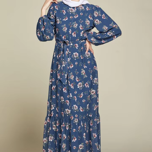 Vestido Maxi Modesto con Estampado Floral Azul Personalizado de Leduo para Mujer – Vestido de Gasa con Cinturón y Volantes en el Bajo, Manga Larga, Perfecto para Musulmanas - Product Image 1