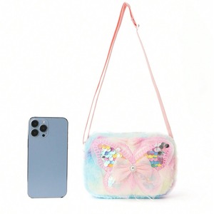 Bolso bandolera con estampado de dibujos animados de mariposas rosas para niña, bolso de salida cuadrado pequeño y esponjoso, bonito y kawaii - Product Image 5