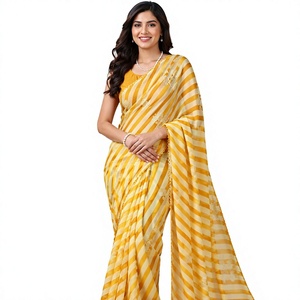 Sari Indio Tradicional Amarillo con Estampado Leheriya en Georgette, para Uso Diario, Festivo y de Fiesta, para Mujer, Venta al Por Mayor - Product Image 1