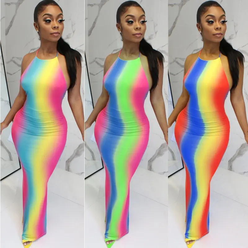 2021 mulheres Sexy Rainbow Imprimir Halter Costas Nuas Vestido Longo Senhora Tie Dye Colorido Backless Vestido para Desgaste Do Clube Do Partido desgaste