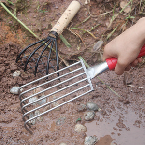 Râteau en acier inoxydable avec manche en bois, argenté/rouge/noir, <span class=keywords><strong>pour</strong></span> la pêche des <span class=keywords><strong>palourdes</strong></span> et des fruits de mer en bord de mer - Product Image 2
