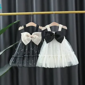 20230109 Latest Design Fashionable Summer Cotton Shirring Design Sequin Mesh Bowknot Sweet Style Baby Clothes Girl Plain Dresses