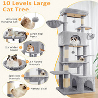 Arbre à chat moderne à 10 niveaux et tour de 68 pouces avec poteaux à gratter en sisal, hamac et niches pour chats d'intérieur, gris clair