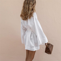 Robe Courte Cardigan Kimono Col V en Coton Lin à Manches Longues avec Ceintures Style Robe Lacets pour Femme Été Ample Personnalisée