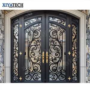 XIYATECH pintu masuk utama vila klasik Eropa lengkungan eksterior besi tempa ganda pintu depan untuk rumah - Product Image 1