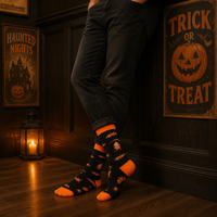 Chaussettes d'Halloween en coton peigné de qualité supérieure - Chaussettes festives originales respirantes et durables - Motifs colorés de chauves-souris et d'araignées