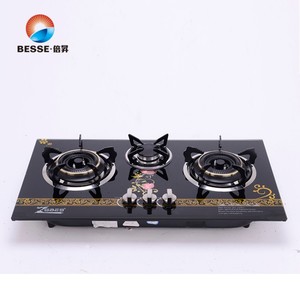 Table de cuisson intelligente en verre noir à 3 brûleurs, cuisinière à gaz avec bouton manuel pour la cuisine à domicile - Product Image 1