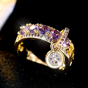 Bague en zircone cubique synthétique violette et transparente de style bohème <span class=keywords><strong>ANGOL</strong></span> pour femme, design ondulé doré, pour fiançailles et mariage - Product Image 6