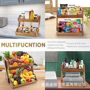 Étagère à fruits et légumes en bois massif à double niveau avec drainage, étagère de rangement de cuisine, design empilable, forme carrée marron - Product Image 5