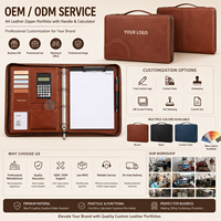 Porte-documents portable en cuir A4 personnalisé avec fermeture éclair, classeur à 3 anneaux avec calculatrice et presse-papiers, marron avec logo, pour réunions d'affaires