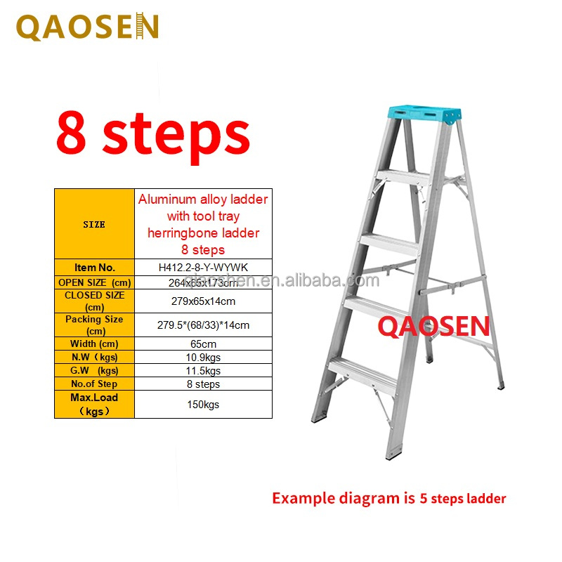 8 steps Aluminum ladder with tool tray herringbone ladder