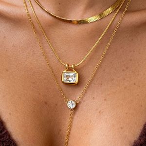<b>Square</b> Zircon 18K Stainless Steel Necklace Bezel Setting Geometric Pendant Daily Wear - Product Image 3