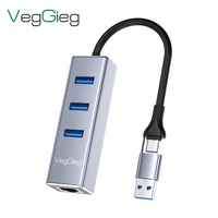 Adaptateur USB C USB 3.0 vers Gigabit Ethernet Veggieg 2 en 1 avec hub USB 3.0 3 ports, carte réseau LAN 1000 Mbps, alliage d'aluminium