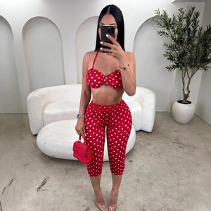 K25L1219 2026 Nuevo Conjunto de Dos Piezas de Verano para Mujer, Top Corto sin Mangas con Estampado de Puntos y Pantalones Ajustados, Conjunto de Dos Piezas para Mujer - Product Image 4