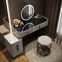 Table de toilette moderne de luxe en bois avec rangement, miroir amovible et éclairage - Bureau de maquillage pour chambre à coucher