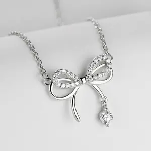 Hot Sale 925 Sterling Silver CZ Zircon Layer Bowknot Pendent Necklace for Girls Fine Wedding Jewelry