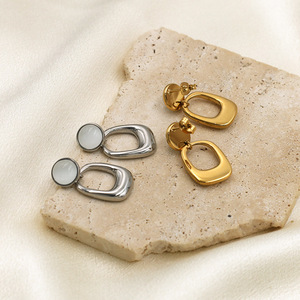 Geometric Drop Earrings Gold Cat's Eye Stone Bezel Setting Everyday Wear - Product Image 3