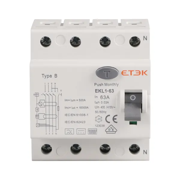 ETEK Rccb tipo b 4p 63a 300ma 6KA 4P 10A 100mA RCD RCCB corriente Residual disyuntor con TUV CB informe de prueba aprobación CE