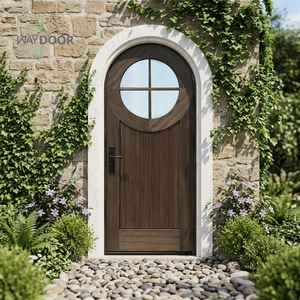 Porte d'entrée arquée en acajou africain entièrement personnalisée avec inserts de panneaux de verre circulaires à 4 vantaux, porte extérieure simple en <span class=keywords><strong>bois</strong></span> massif - Product Image 1