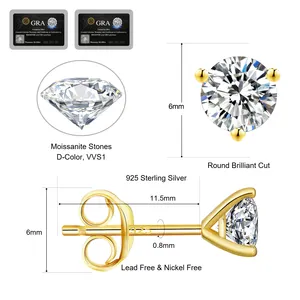 KRKC Wholesale VVS1 0.5ct 0.6ct 0.8ct 1.0ct 925 Sterling Silver Diamond Men Earring Moissanite Wedding Stud Earrings For Bride