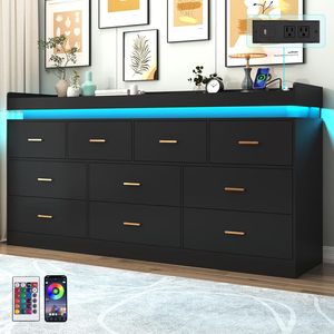 Commode de chambre moderne noire/blanche à 10 tiroirs avec station de charge, lumières LED et rangement – Approvisionnement direct usine - Product Image 1