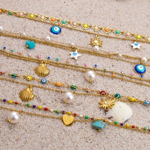 Boho Layered <b>Anklet</b> with Starfish & Multicolor Beads 18K <b>Gold</b> Plated 316L Stainless Steel Hypoallergenic Foot Jewelry for Women - Product Image 3