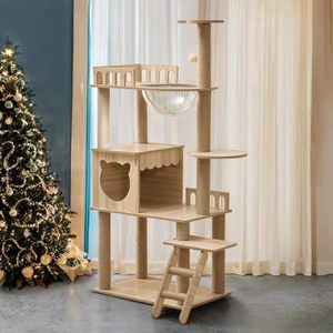 Wholesale 67 Inch Wooden Tower OEM ODM Custom Logo 14 Sisal Posts Condo Stairs 2 Bowls Padded Platform Toy Balls <b>Cats</b> - Product Image 2