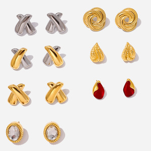 <b>Stud</b> <b>Earrings</b> Set Geometric Design Stainless Steel Zircon Bezel Setting Everyday Wear Women's Jewelry - Product Image 1