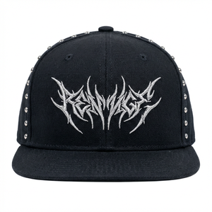 Cappello Fitted Heavy Metal Hip Hop in Tela Nera Intensa con Borchie Cromate e Ricami Metallici Stile Industriale Gotico Streetwear - Product Image 1